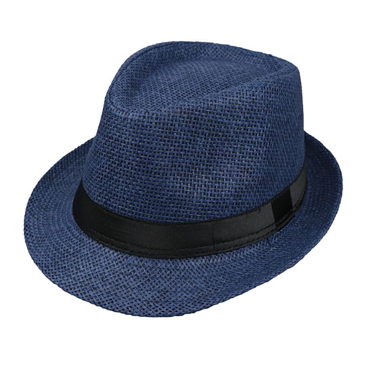A navy blue woven fedora hat with a black satin band made of straw designed as a parent child sun hat.