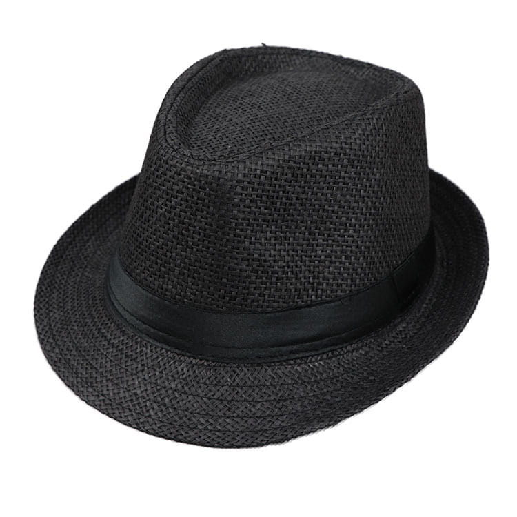 black woven fedora hat with a smooth satin band made of straw designed for parent and child sun protection