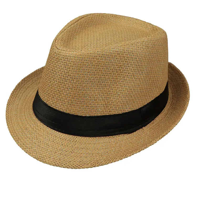 Beige woven straw fedora with a black satin band designed as a parent child sun hat.