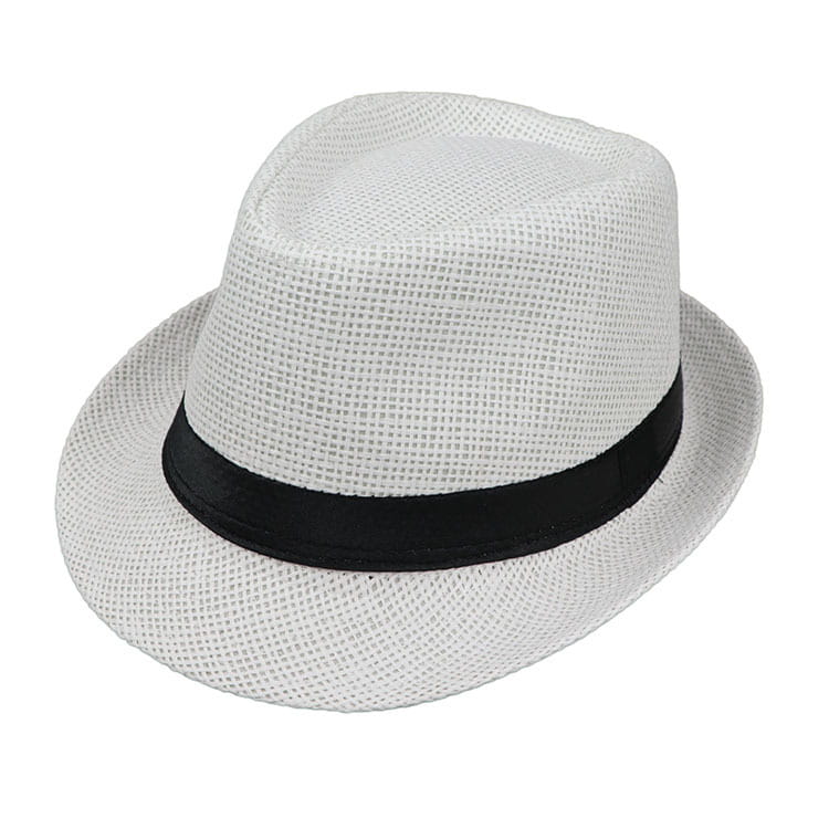 White woven fedora hat made of straw with a black ribbon band designed for parent and child sun protection.