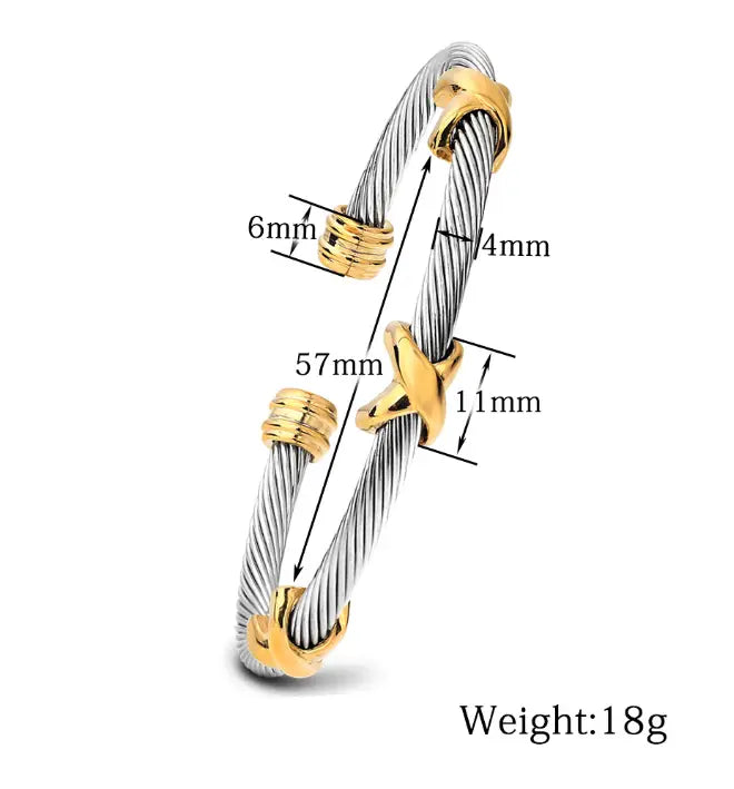 Silver and gold-toned twisted cable knot adjustable titanium steel bracelet with polished clasp accents