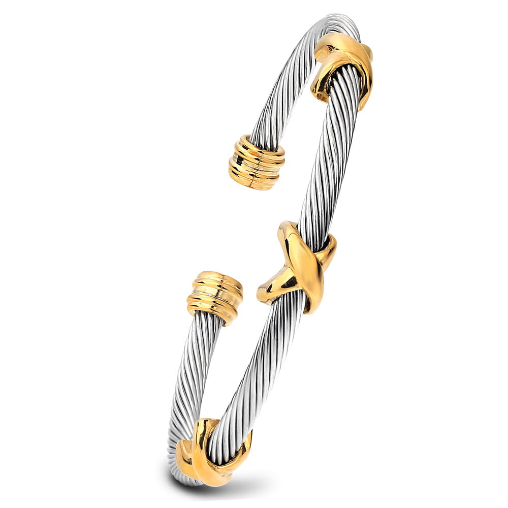 Silver and gold-toned twisted cable knot adjustable titanium steel bracelet with interlocking x-shaped clasps.
