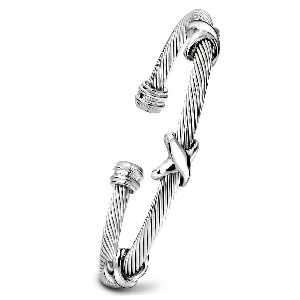 Silver twisted cable knot adjustable bracelet made of polished titanium steel with a distinctive knotted design.