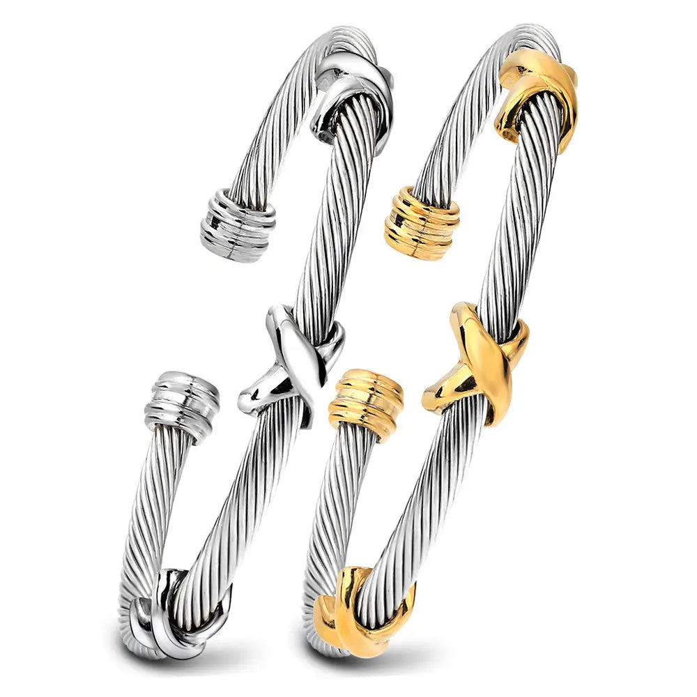 Silver and gold-toned twisted cable knot adjustable titanium steel bangles featuring a twisted rope texture and interlocking knot designs.