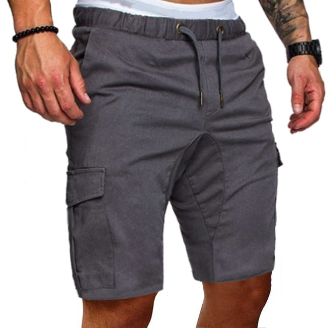 Bermudas cargo en coton à cordon de serrage décontracté pour hommes en gris, avec plusieurs poches et une ceinture confortable.