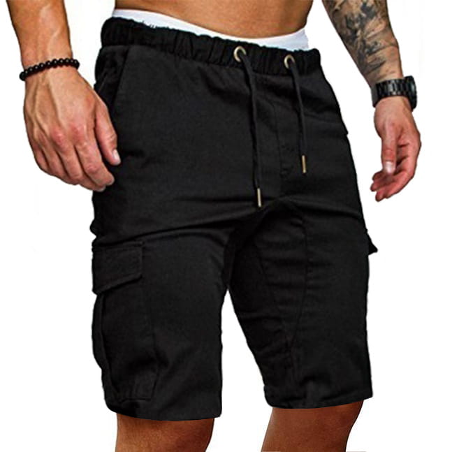 Bermudas cargo en coton à cordon de serrage décontracté pour hommes en noir, avec une ceinture élastique et plusieurs poches pour un usage décontracté et fonctionnel.