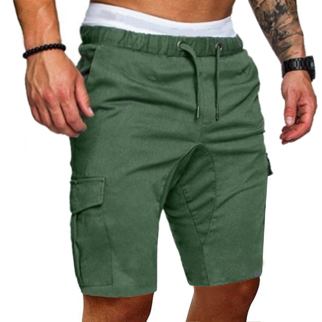 Bermudas cargo en coton à cordon de serrage décontracté pour hommes en vert olive, avec des poches latérales et une ceinture confortable pour un usage décontracté.