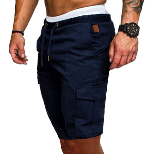 Bermudas cargo en coton à cordon de serrage décontracté pour hommes en bleu marine foncé, avec plusieurs poches et une ceinture confortable.