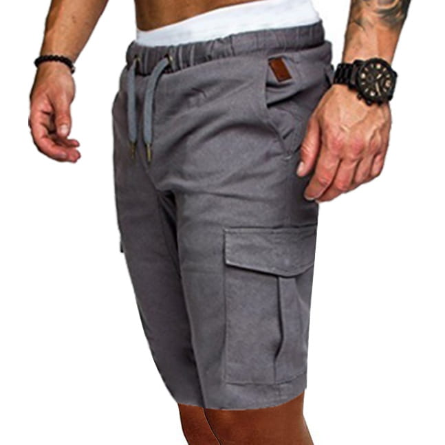 Bermudas cargo en coton gris décontracté pour hommes, avec une ceinture à cordon de serrage et plusieurs poches.