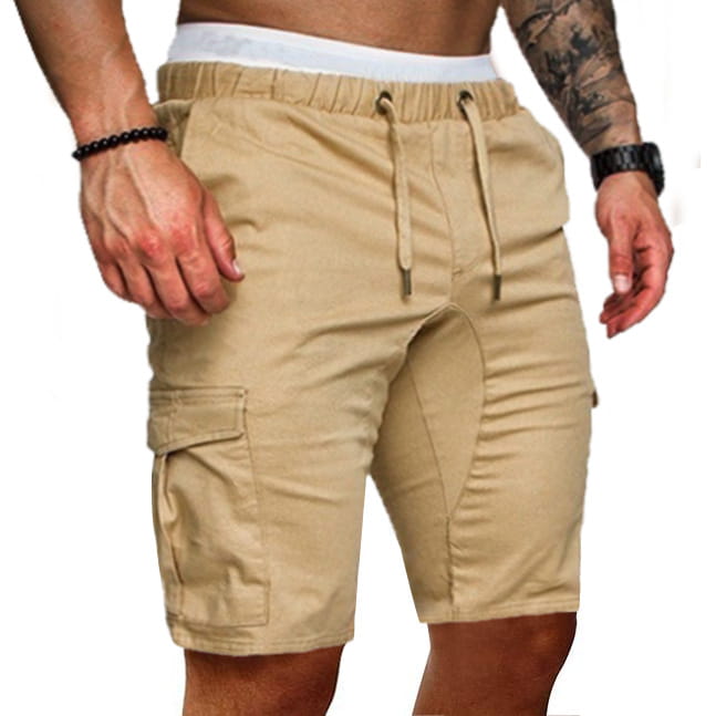 Bermudas cargo en coton à cordon de serrage décontracté pour hommes en kaki, avec une ceinture élastique et plusieurs poches fonctionnelles pour un usage décontracté.