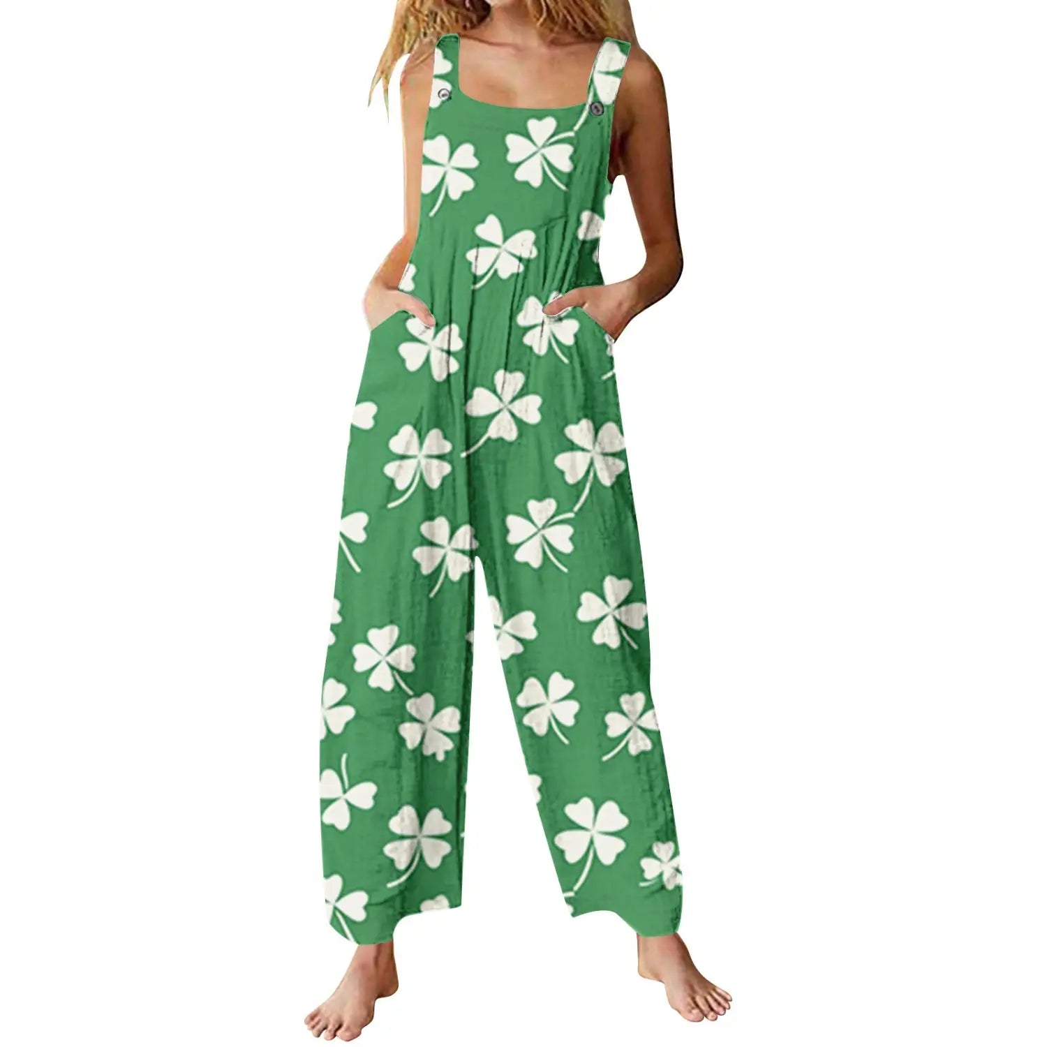 Green and white four-leaf clover printed suspender pants with adjustable straps casual trousers.