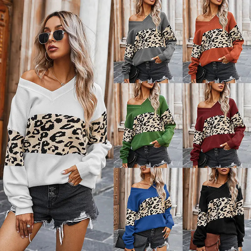 Women off shoulder leopard print spliced sweatshirt featuring a v-neck beige and black leopard print panels with solid-colored sleeves and body sections.