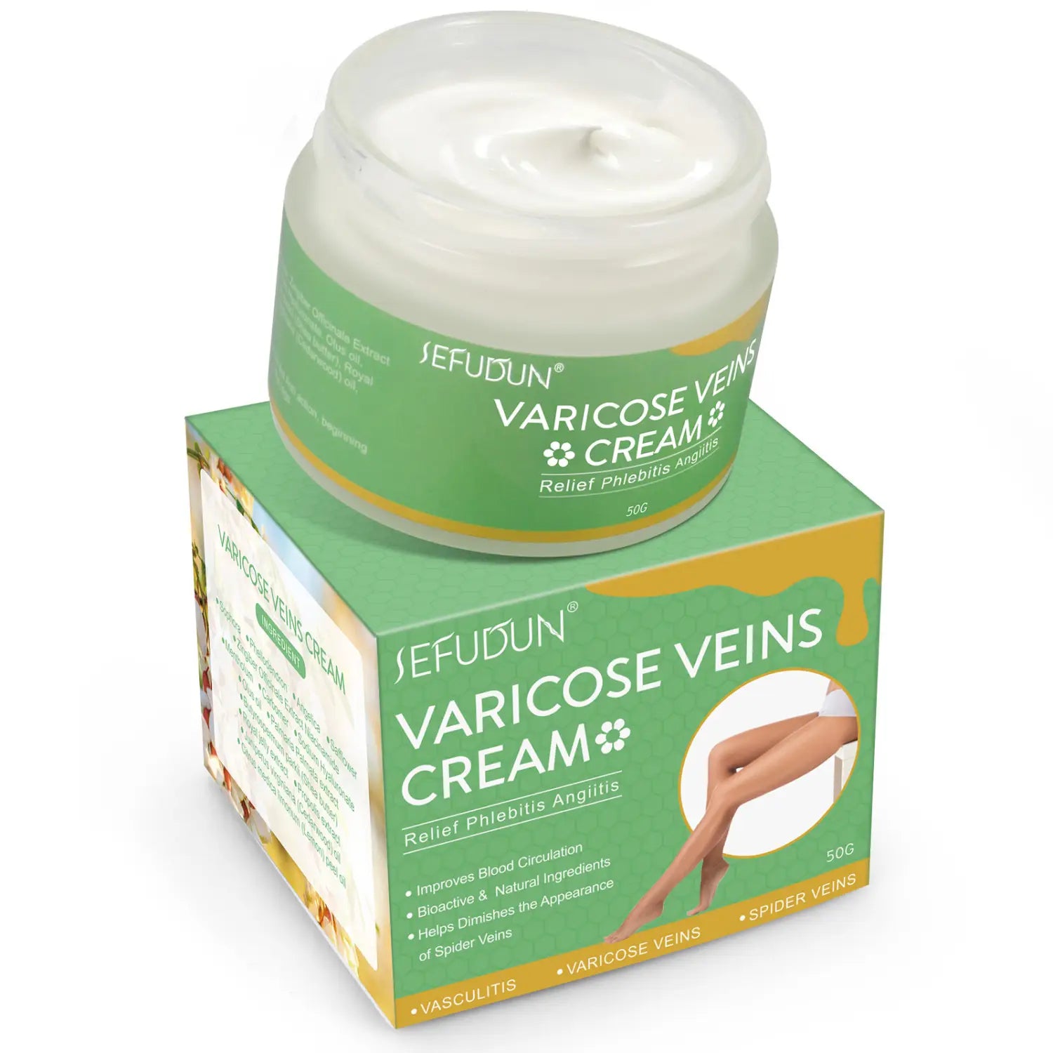 une boîte verte et jaune avec un pot blanc de crème de soulagement des varices de Sefudun pour les douleurs et l’enflure des jambes, placée par-dessus