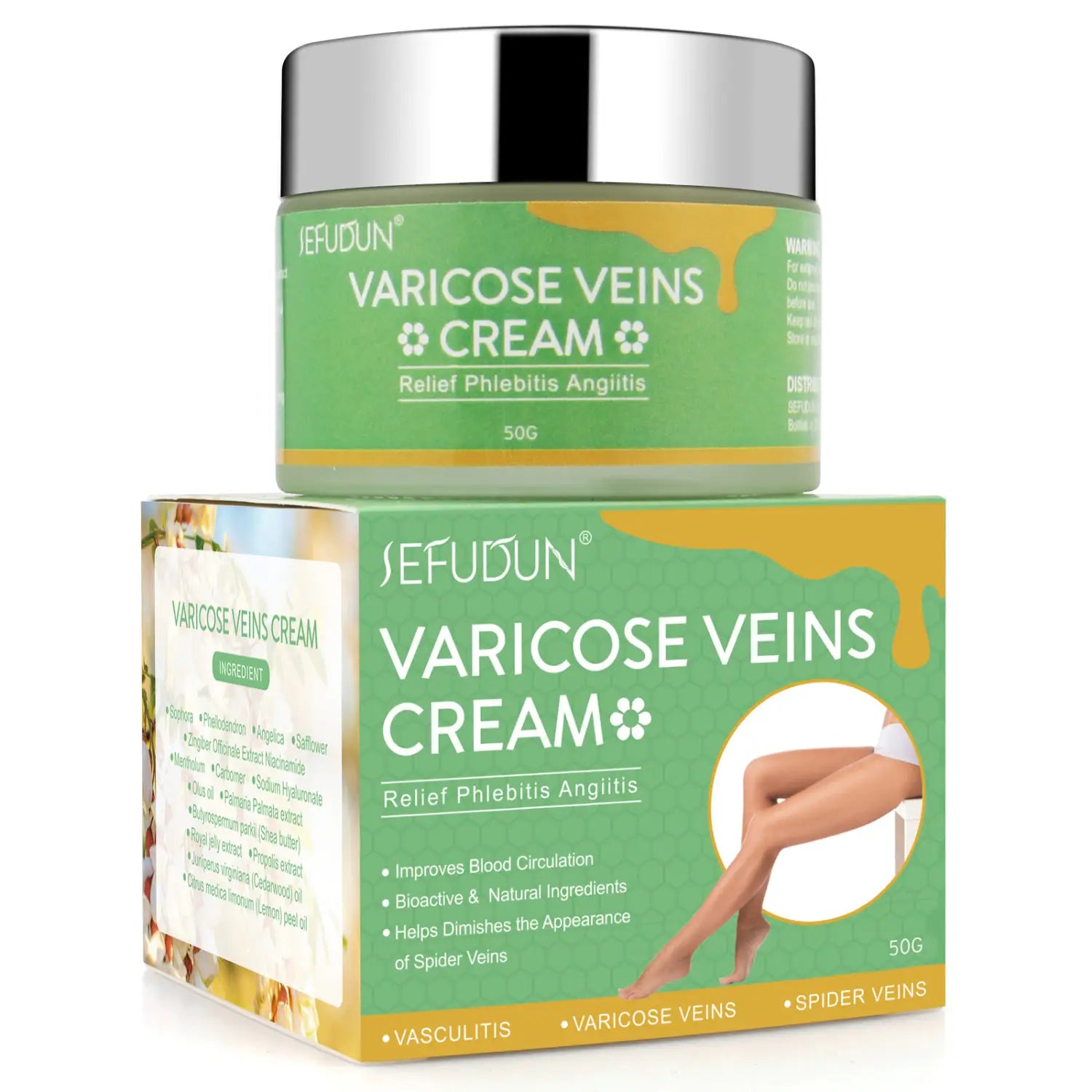 pot vert et jaune portant l’étiquette de la crème de soulagement des varices de Jefudun avec un couvercle argenté pour les douleurs et l’enflure des jambes.