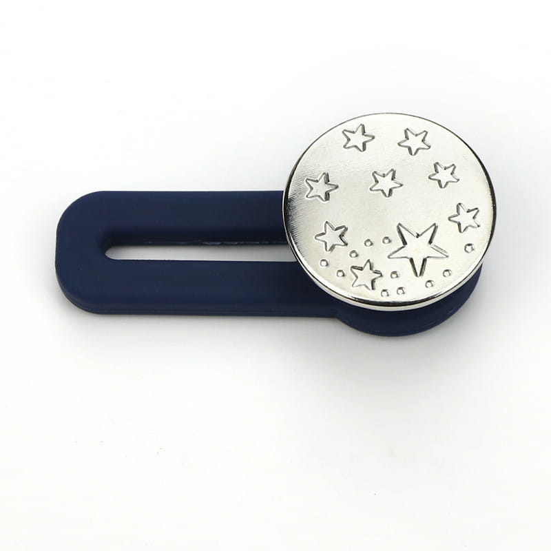 Extendeur de bouton de taille de jeans ajustable sans couture en silicone bleu marine, avec un fermoir métallique à motif d’étoile argenté.