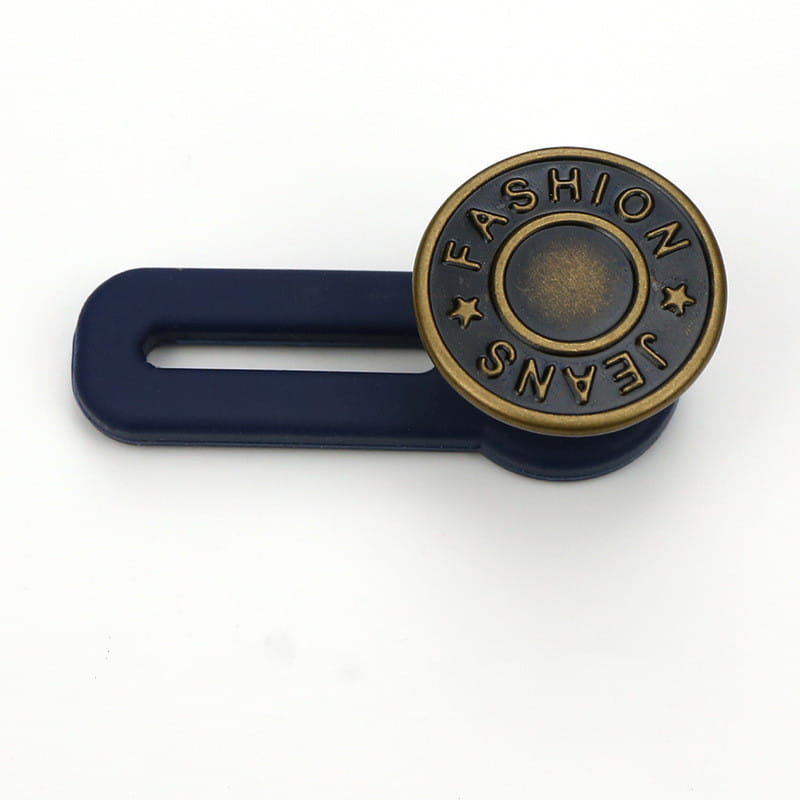 Extendeur de bouton de taille de jeans ajustable sans couture en plastique bleu marine, présentant un emblème circulaire ancien de couleur laiton, gravé de motifs de jeans de mode et d’étoiles