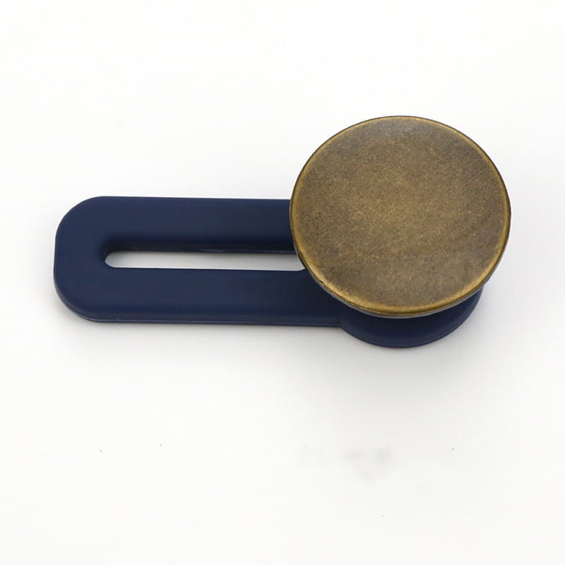 Crochet de bouton en plastique bleu marine avec un capuchon circulaire de couleur laiton pour l’extendeur de bouton de taille de jeans ajustable sans couture.