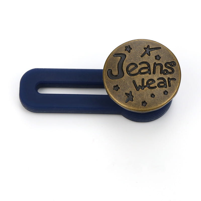 Extendeur de bouton de taille de jeans ajustable sans couture en plastique bleu, avec un capuchon circulaire bronze gravé de motifs de jeans et d’étoiles