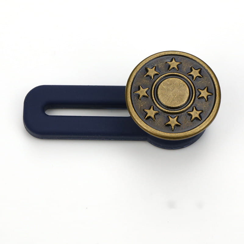 Bouton ancien à motif d’étoile en laiton, avec pince en plastique bleu marine pour l’extendeur de bouton de taille de jeans ajustable sans couture.