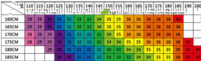 Eine farbenfrohe Höhen-zu-Größen-Umrechnungstabelle für Kleidungsgrößen in Zentimetern und Zoll mit lebhaften Regenbogenfarben für gerade geschnittene, bügelfreie Stretch-Anzughosen für Herren mit Gürtel.