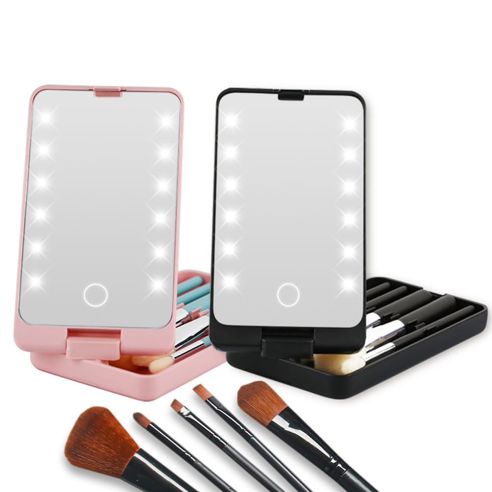 Led makeup mirror with folding brush set case featuring pink and black led-lit foldable design and built-in brush holders.
