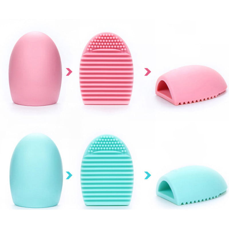 pink and teal silicone eyelash brush applicators with textured ridged surfaces for precise application shown as a makeup brush cleaner silicone egg scrubbing tool