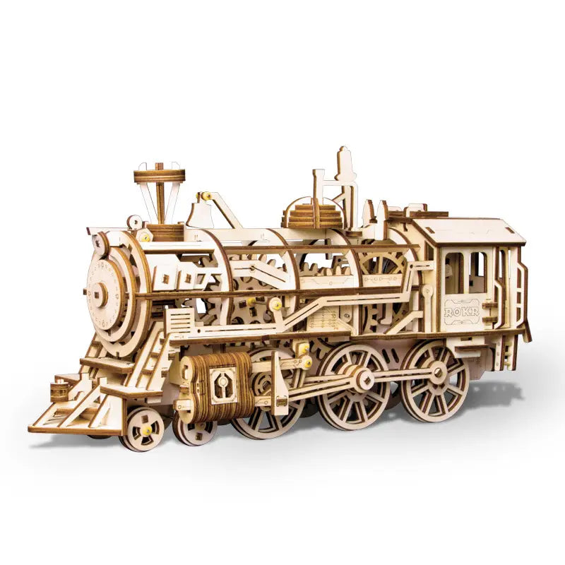 A detailed 3d wooden steam locomotive puzzle model kit intricately assembled with light-colored wood featuring visible gears and mechanical components.
