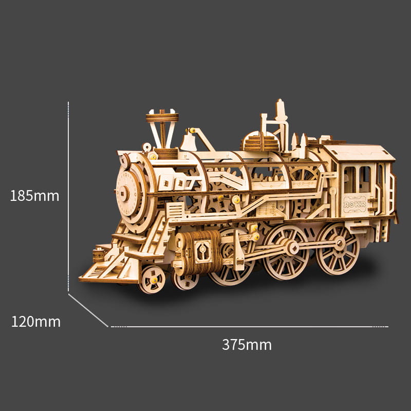 A detailed 3d wooden steam locomotive puzzle model kit crafted from light-colored wood featuring intricate gears and wheels.