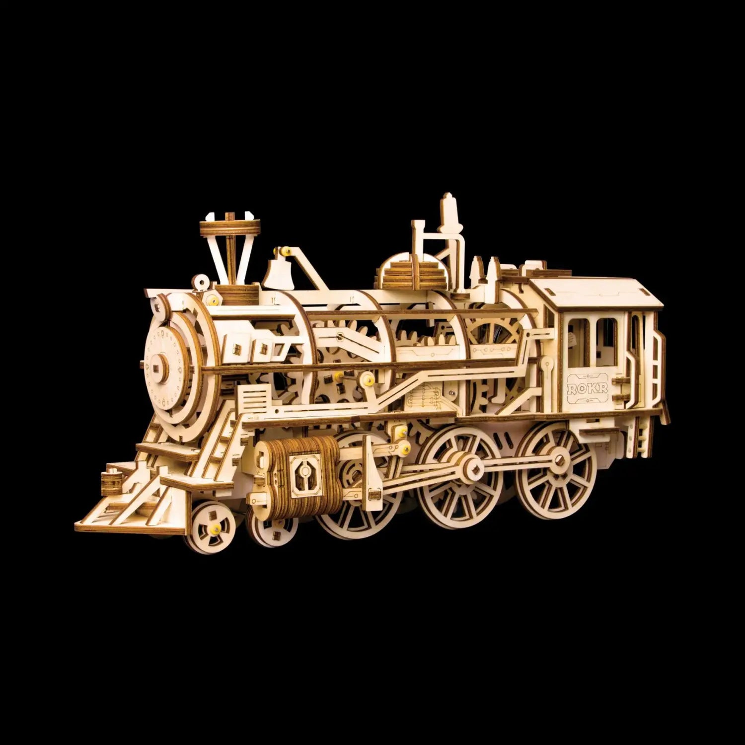 A detailed 3d wooden steam locomotive puzzle model kit featuring intricate gears and mechanical components crafted from light-colored wood.