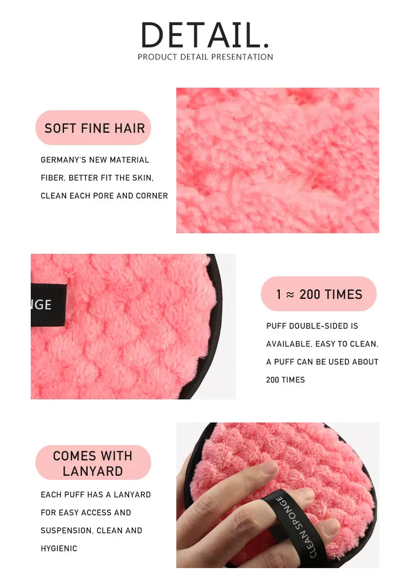 Pink fluffy double-sided makeup removing puff made of Germany’s new fine hair fiber shown in the product Makeup Removing Puff 3 Pack with mesh bag.