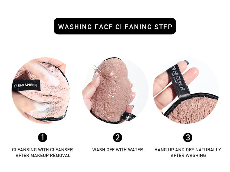 a soft pinkish beige microfiber makeup removing puff with a black elastic band and clean sponge label included in a 3 pack with mesh bag