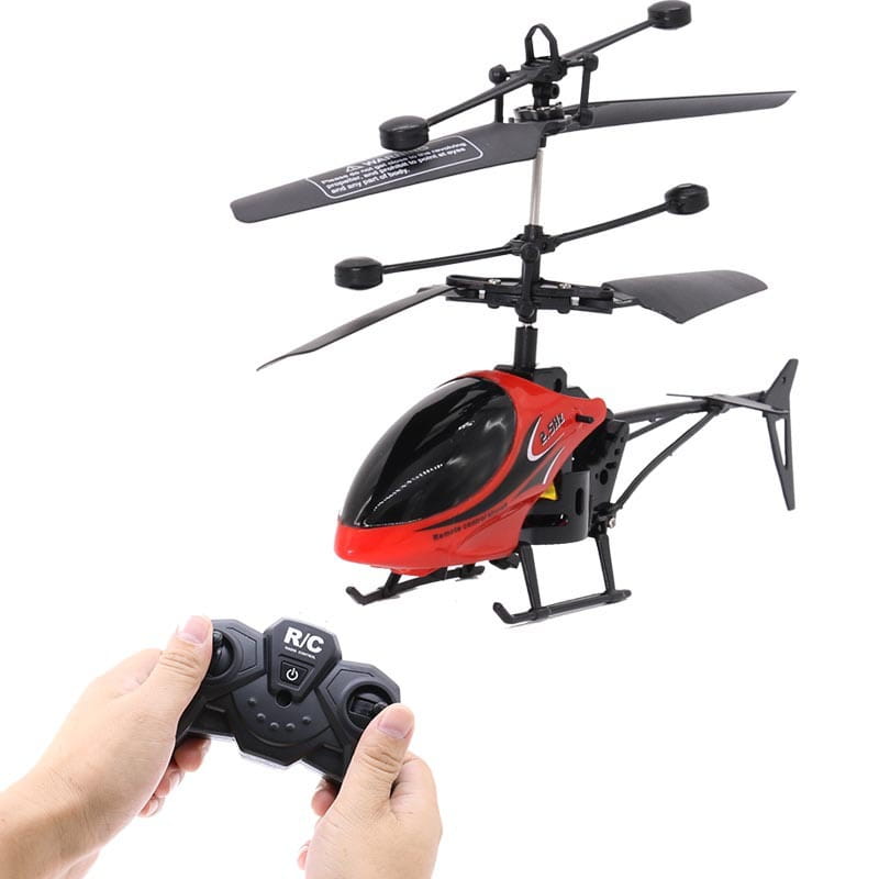 Jouet d’hélicoptère télécommandé rouge et noir pour enfants avec contrôle de la vitesse, doté d’une finition brillante, de deux jeux de pales rotatives et d’une conception compacte.