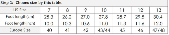 Size chart table displaying US and Europe sizes with corresponding foot length measurements in centimeters and inches for men’s polished leather tassel loafers with composite soles.