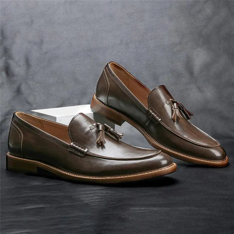 Men’s polished leather tassel loafers in brown with a polished finish and contrasting tan stitching featuring composite soles.
