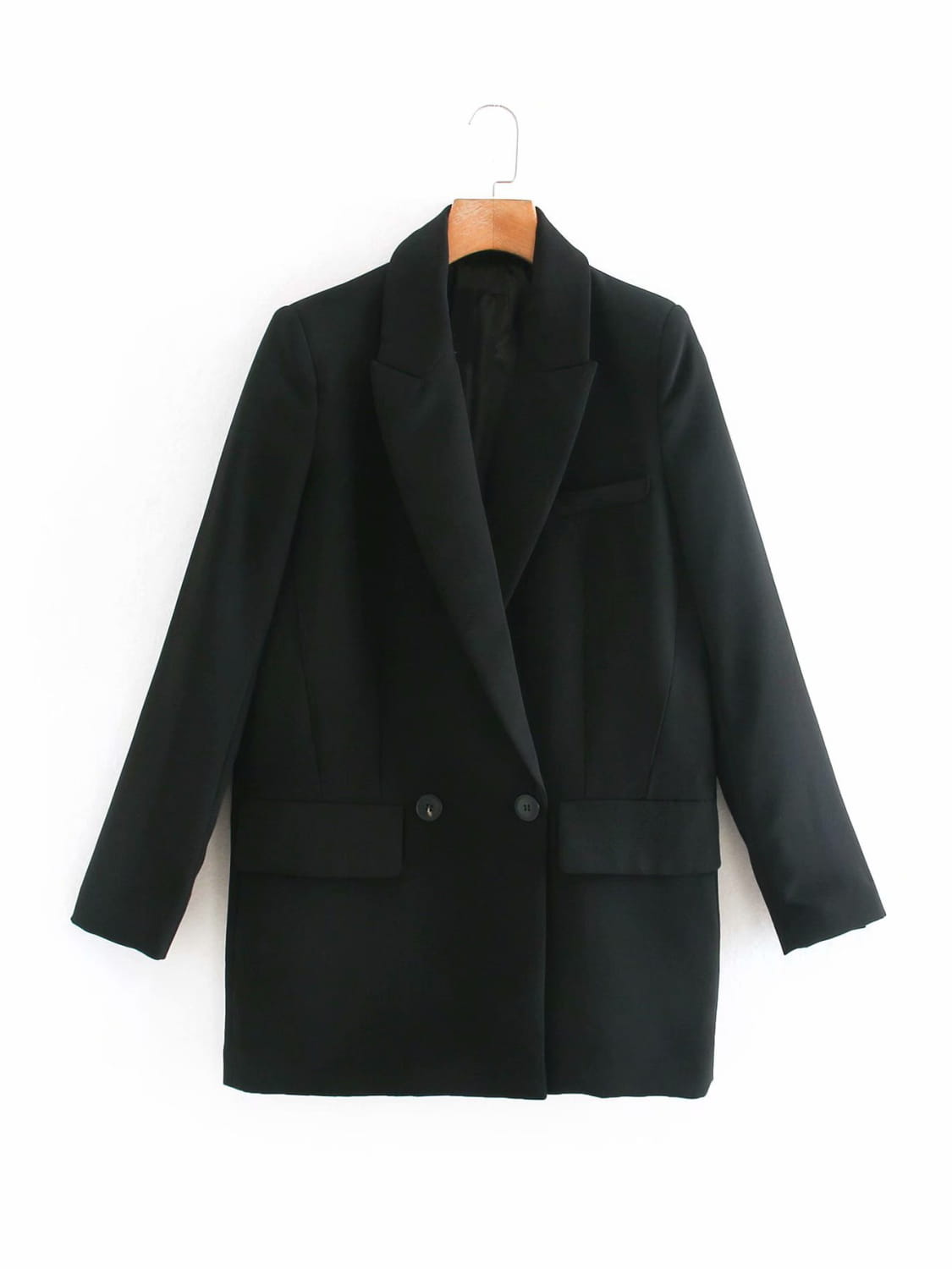 Black tailored double breasted longline blazer coat featuring notched lapels and two front buttons for women.