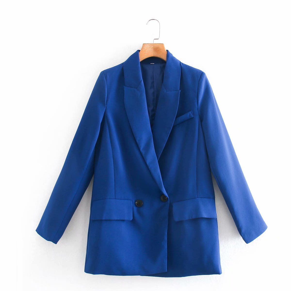 A vibrant royal blue women’s tailored double breasted longline blazer coat featuring a sleek tailored fit and classic design.