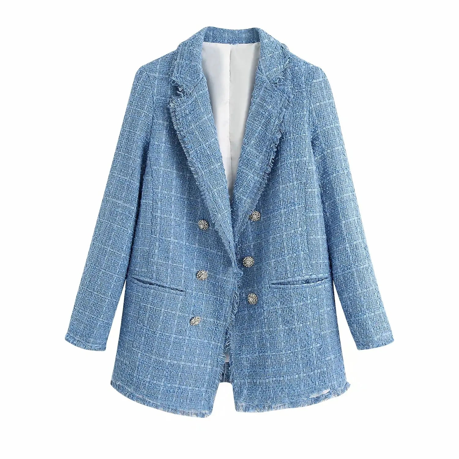 A women’s double breasted light blue textured tweed blazer featuring decorative buttons and a sophisticated fabric design.