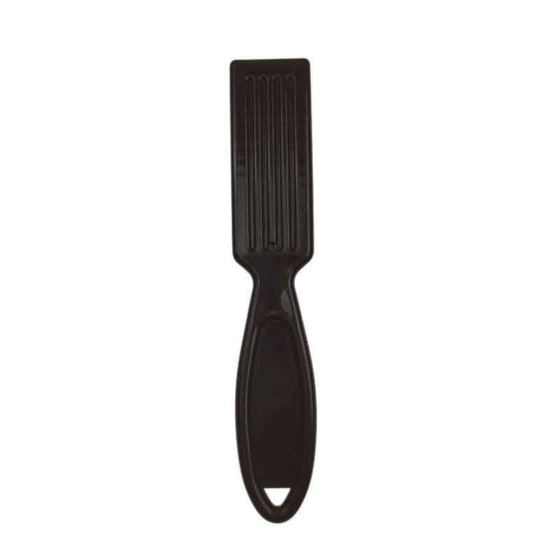 Black plastic beard brush with smooth ergonomic handle and evenly spaced soft nylon ridges designed as a barber cleaning tool.