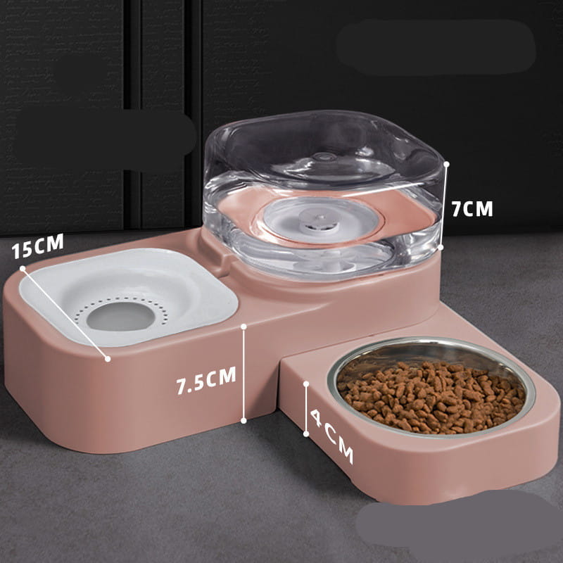 Pink dual-compartment pet water dispenser and automatic food bowl set featuring a clear glass water bowl and stainless steel food dish.