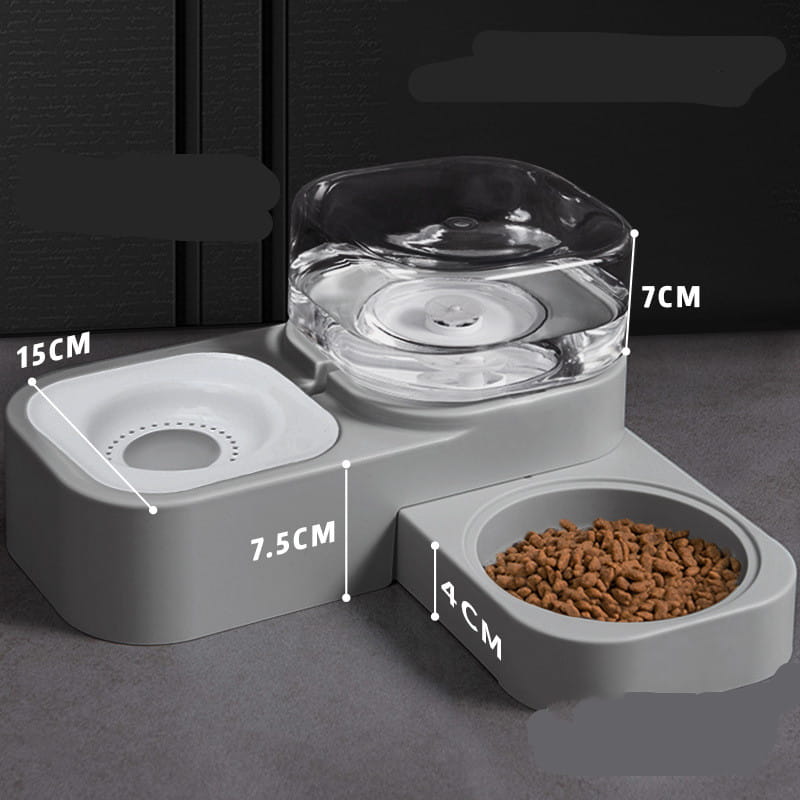 Gray dual-compartment pet feeder with clear glass water bowl and white food dish designed for convenient feeding in pet water dispenser and automatic food bowl set.