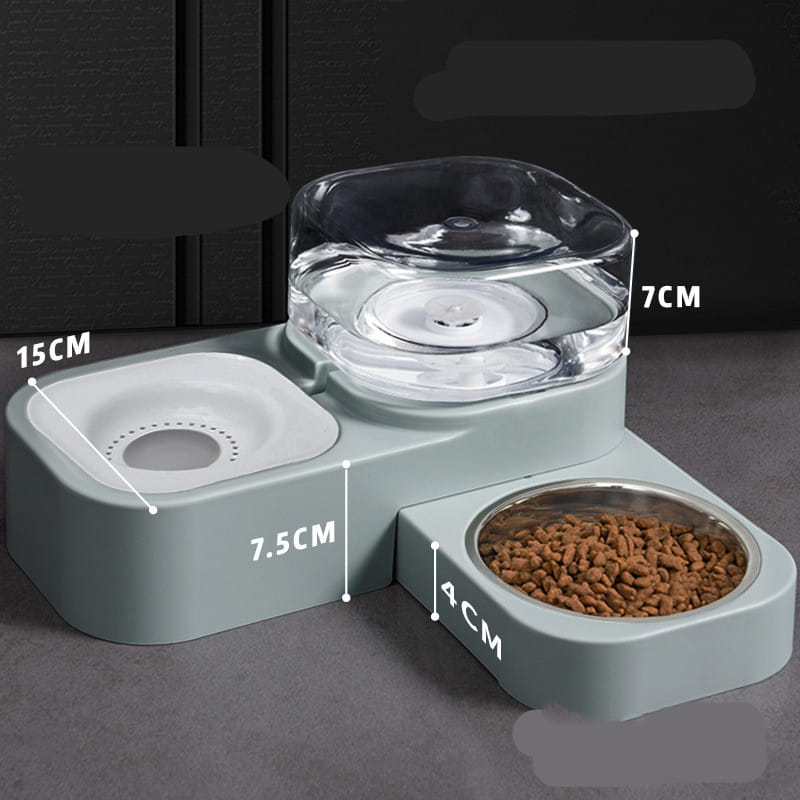 Modern light green pet water dispenser and automatic food bowl set featuring a clear glass water bowl and stainless steel food dish for convenient pet feeding.