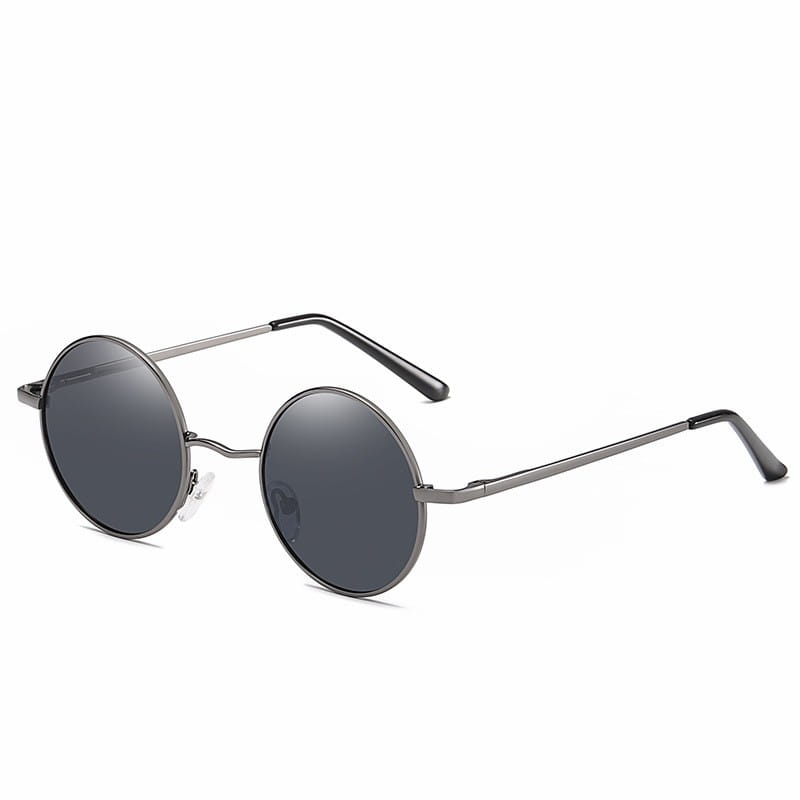 retro round polarized metal sunglasses featuring round black-tinted lenses in a sleek metallic frame with curved arms and uv400 protection.
