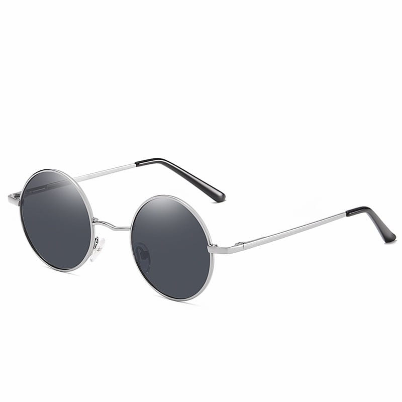silver-framed retro round polarized metal sunglasses with dark gray lenses black temple tips and uv400 protection.