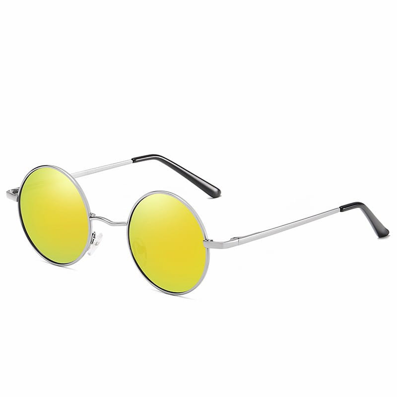 Retro round polarized metal sunglasses feature round silver frames with vibrant yellow mirrored lenses and black temple tips offering UV400 protection.