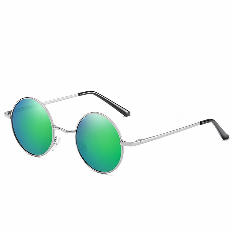 Retro round polarized metal sunglasses with round silver frames vibrant green mirrored lenses and black temple tips offering UV400 protection.