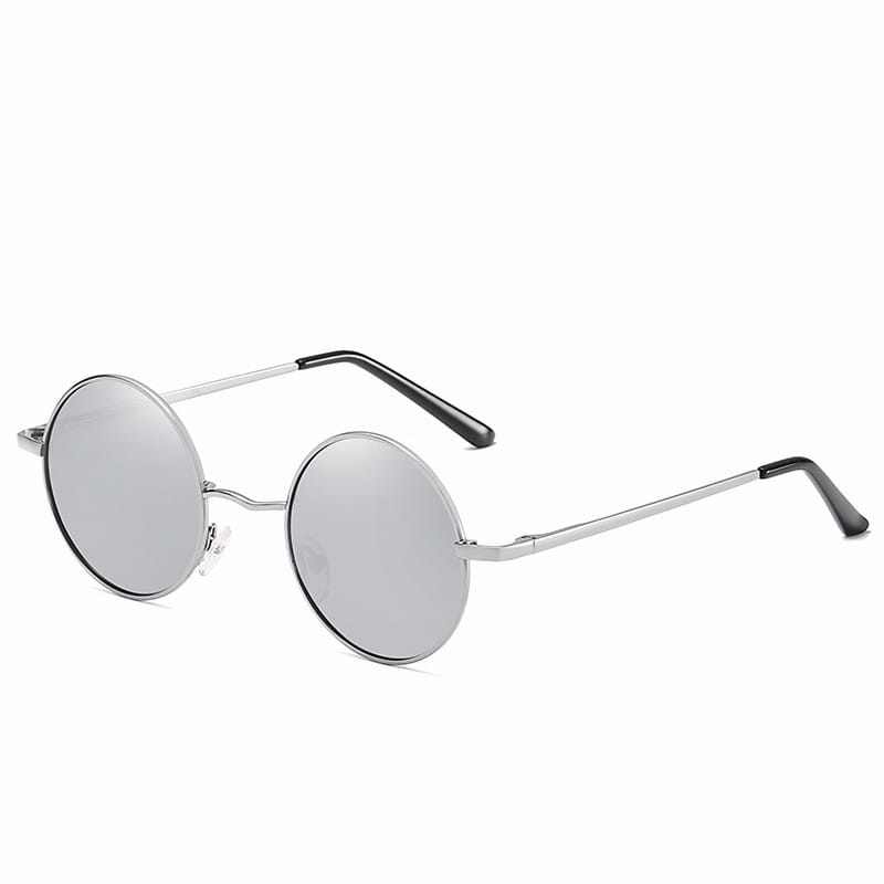Silver retro round polarized metal sunglasses with mirrored lenses black temple tips and UV400 protection.