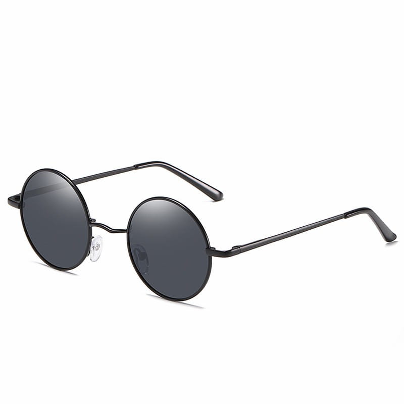 Black round-framed retro metal sunglasses with dark gray polarized lenses and uv400 protection.