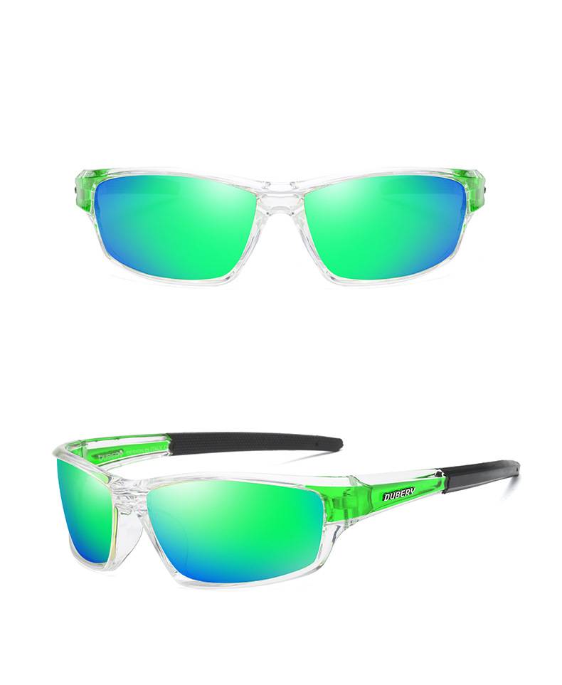 Dubery Retro Polarized Sport Sunglasses with clear frames feature vibrant green and blue mirrored lenses and neon green temple tips in a sleek design.