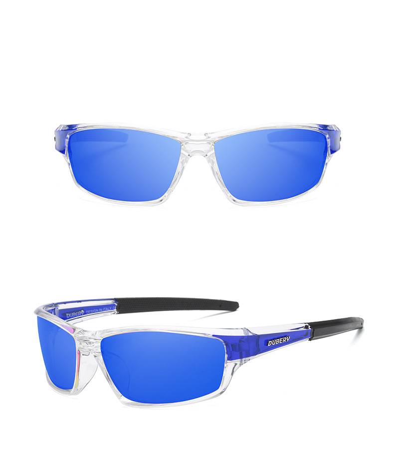 Dubery retro polarized sport sunglasses with clear frames feature vibrant blue mirrored lenses and purple temple accents in a sleek sporty design.