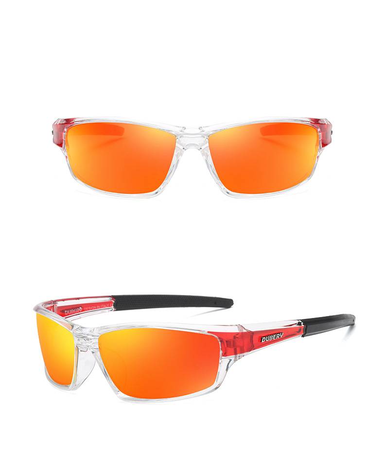 Dubery retro polarized sport sunglasses with clear frames feature vibrant orange mirrored lenses and red-accented temples with the dubery brand name on the side.